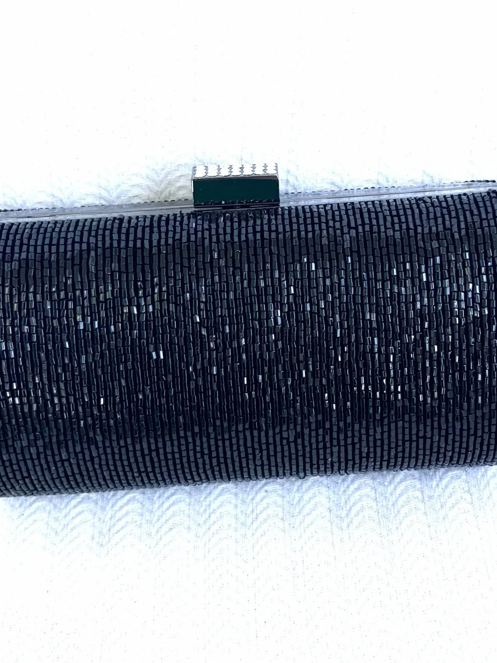 Vintage Lord & Taylor Black Beaded Cylinder Evening Clutch with Chain Strap